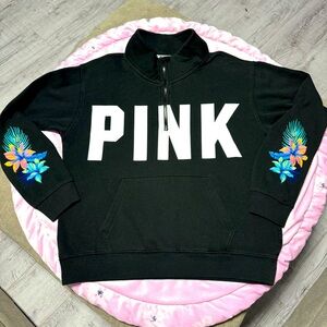 PINK VS Women’s Pullover M 3/4 zipper front pocket cowl neck floral sleeves